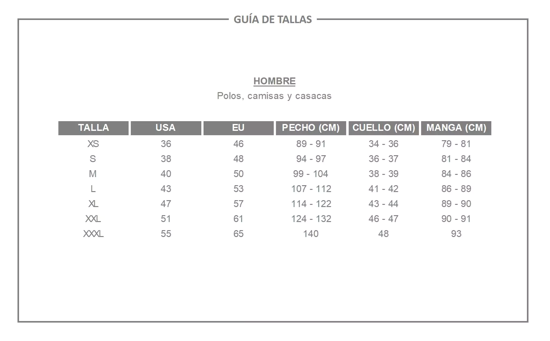 Tallas 2025 gap hombre